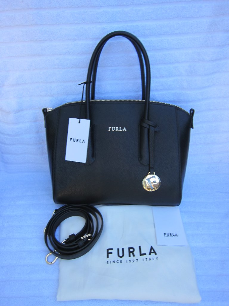 Nwt Furla Black Tessa Small Pebble Leather Top Zip Satchel Handbag